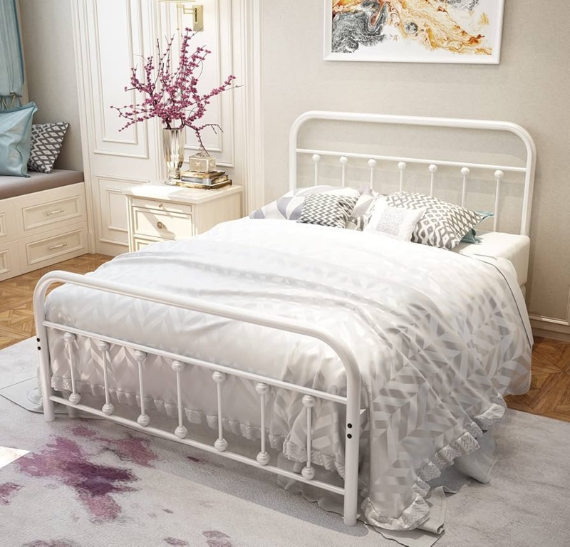 Bed Frame White Metal Spindle Platform Base with Ball Accents