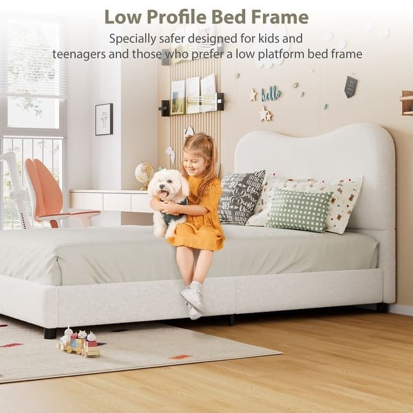 Bed Frame White Upholstered Scalloped Headboard Low Profile Kids Room
