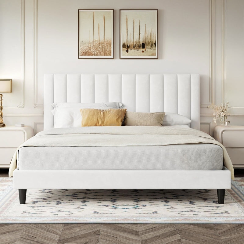 Bed Frame White Velvet Vertical Channel Tufted Tapered Legs Modern