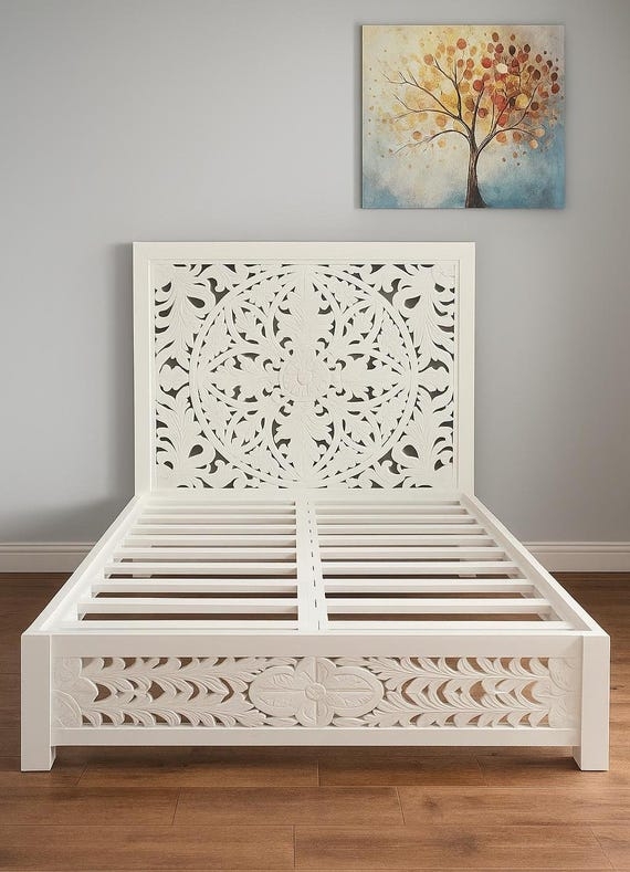 Bed Frame Whitewashed Mandala Headboard and Intricate Floral Footboard