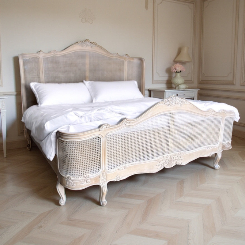 Bed Frame with Antique Limed Wash Finish and Ornate Floral Carvings