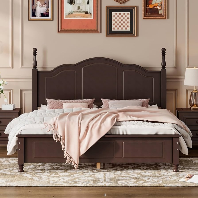 Bed Frame with Arched Headboard and Turned Finials, Dark Walnut Finish