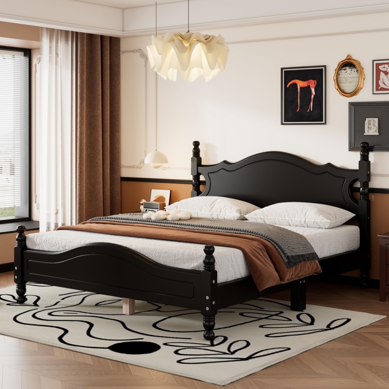 Bed Frame with Arched Headboard, Turned Posts, and Black Finish