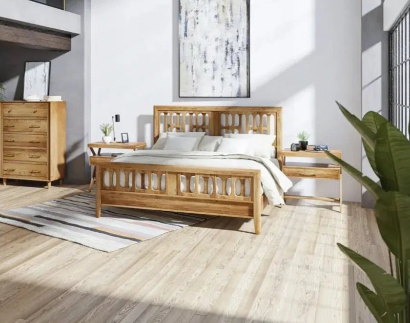 Bed Frame with Cutout Headboard Design in Honey Wood Finish.