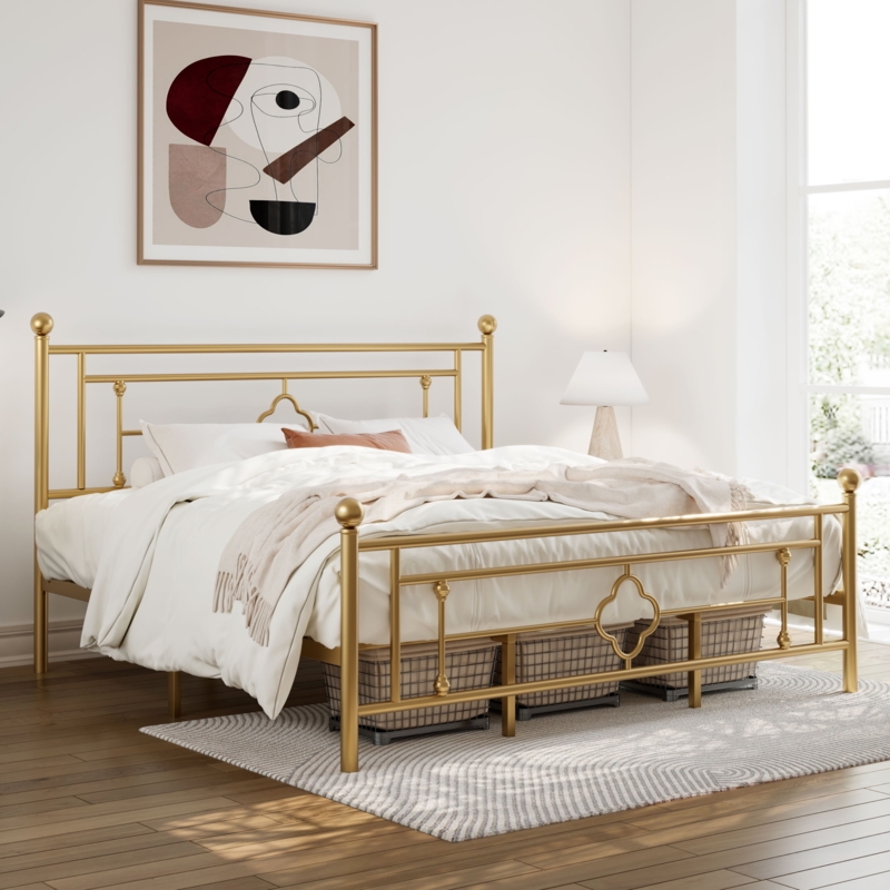 Bed Frame with Gold Quatrefoil Motif and Ball Finials