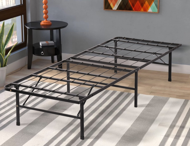 Bed Frame with Grid Slat System and Foldable Metal Design