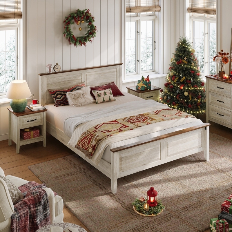 Bed Frame with High Footboard in Whitewashed Finish and Brown Trim