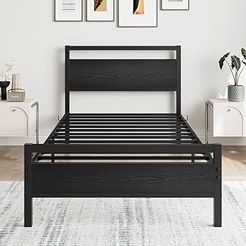 Bed Frame with Industrial Wood Grain Panels and Metal Slats
