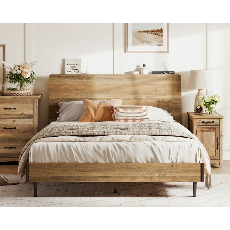 Bed Frame with Integrated Shelf, Wood Toned Modern Farmhouse Style