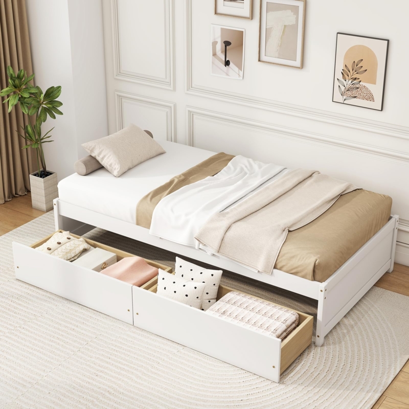 Bed Frame with Integrated Storage Drawers and Platform Base