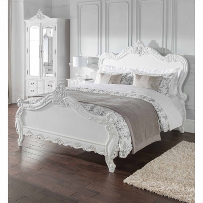 Bed Frame with Intricate Floral Carvings in Antique White Finish