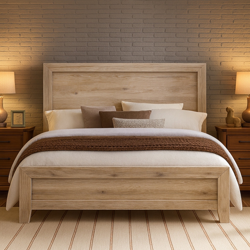 Bed Frame with Paneled Headboard in Natural Wood Tone, Rustic Modern Bedroom