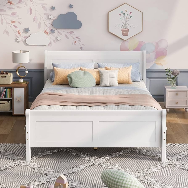 Bed Frame with Recessed Panels and Curved Posts in Matte White