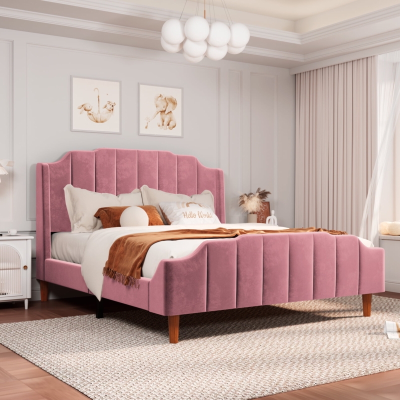 Bed Frame with Scalloped Headboard, Blush Pink Velvet Channel Tufting