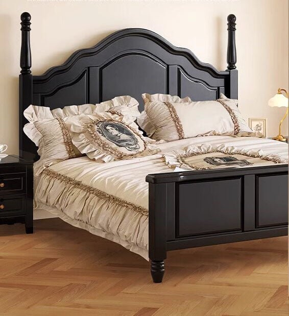 Bed Frame with Scrolled Headboard in French Country Wooden Style