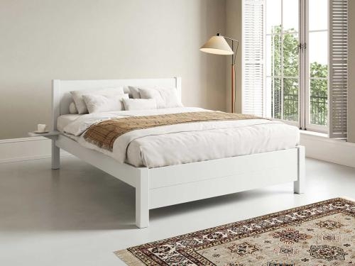 Bed Frame with Slatted Design and White Wood Finish, Minimalist Style