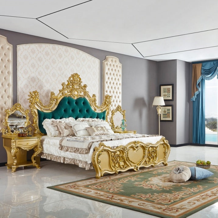 Bed Frame with Teal Velvet Headboard and Gold Carvings