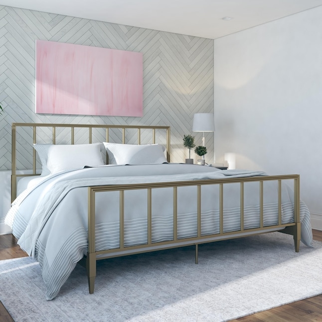 Bed Frame with Vertical Slat Design and Satin Gold Finish