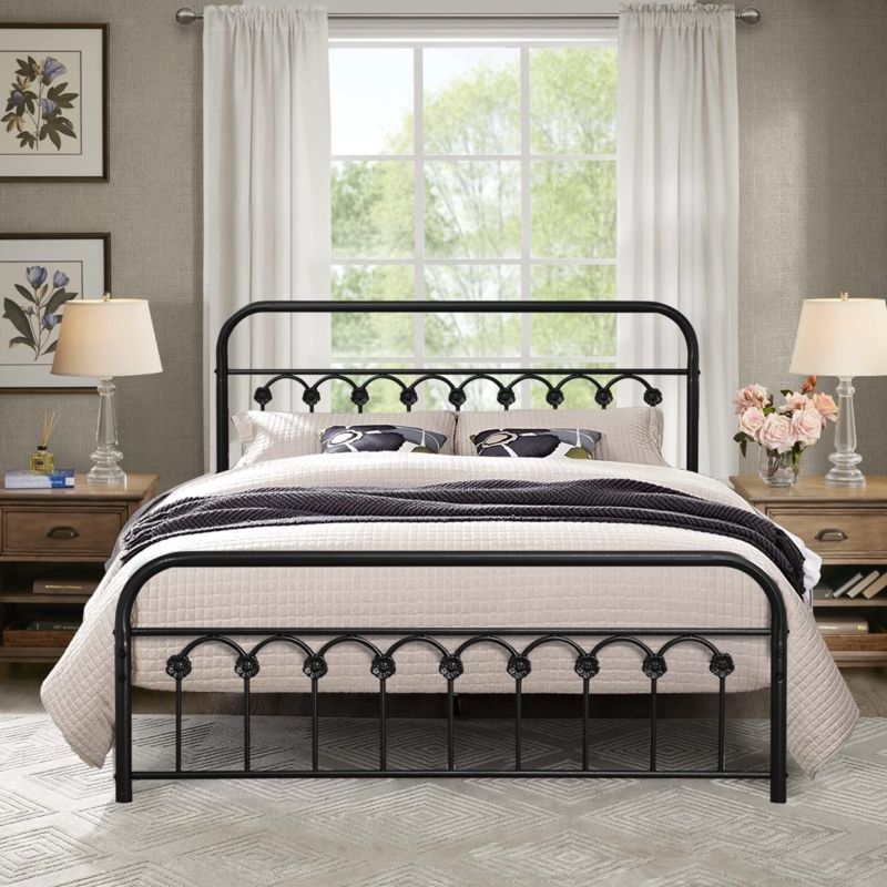 Bed Frame with Vintage Slatted Design and Curved Rails in Black Metal