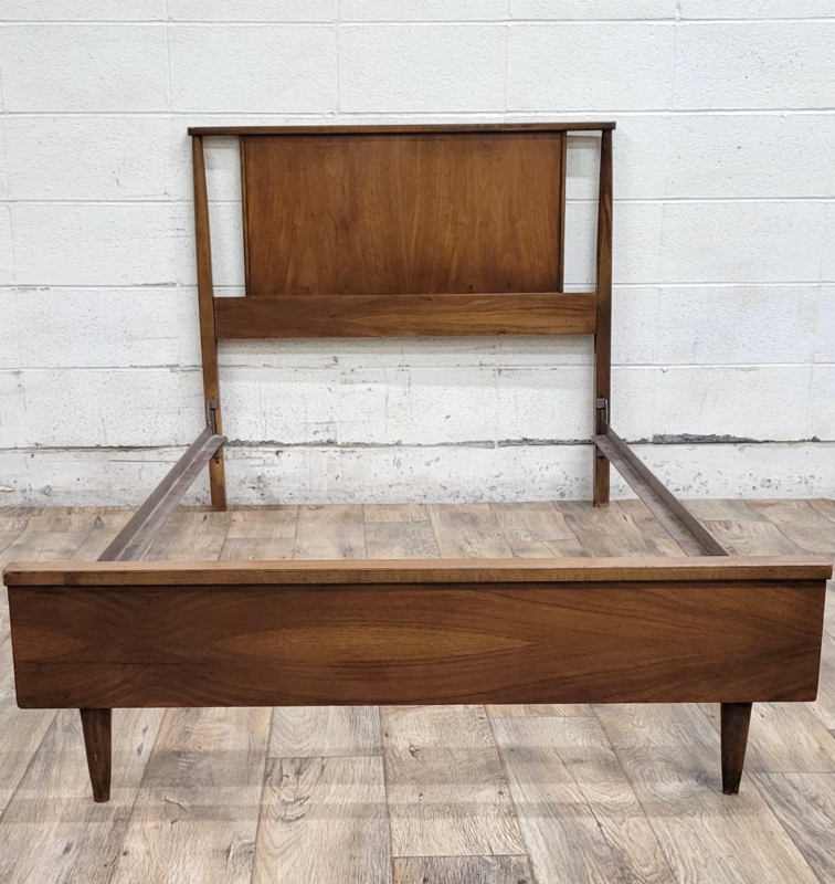 Bed Frame Wood Grain Panels Tapered Legs Walnut MCM Twin Bed