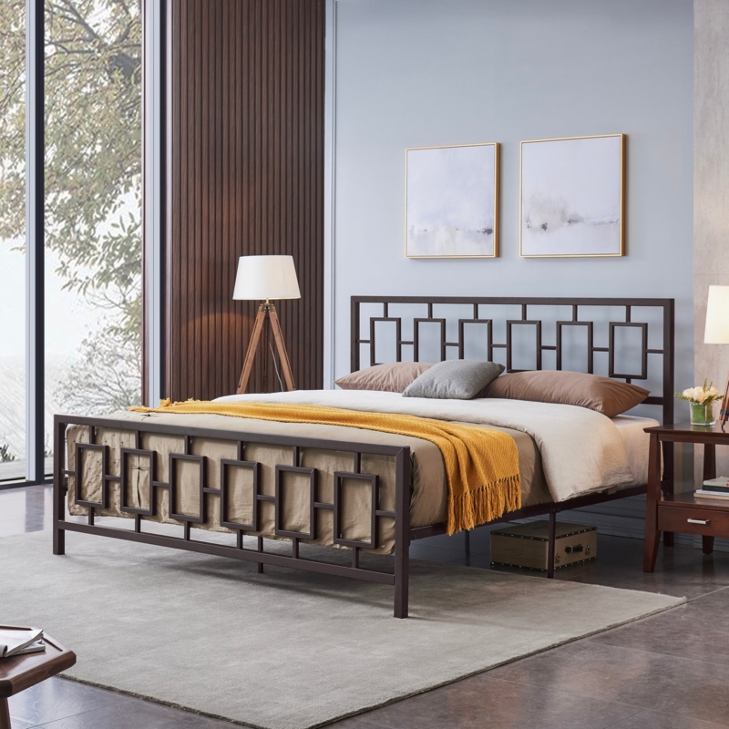 Bed Geometric Greek Key Pattern Headboard Bronze Finish