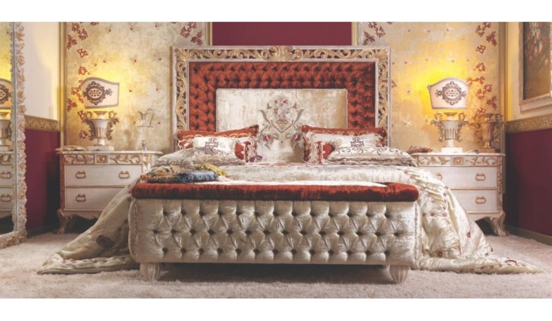 Bed Red Velvet Tufted Ornate Gold Scrollwork Frame Baroque Style