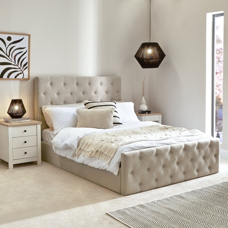 Bed Scandi-Modern Woven Fabric with Vertical Channeled Headboard