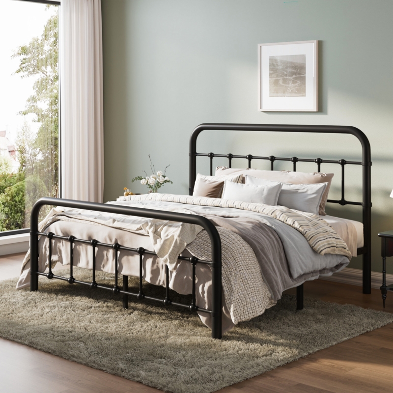 Bed Spindle Headboard Black Metal Ball Joint Accents Modern Farmhouse