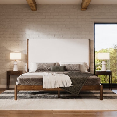 Bed Textured Boucle Upholstered Extra Tall Headboard Wood Frame
