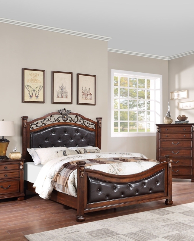 Bed Tufted Faux Leather Scrolled Metalwork Insert Formal