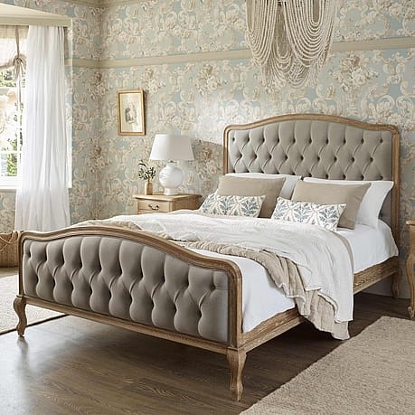 Bed Tufted Footboard Curved Wood Frame Light Grey Grey Linen Bed Frame