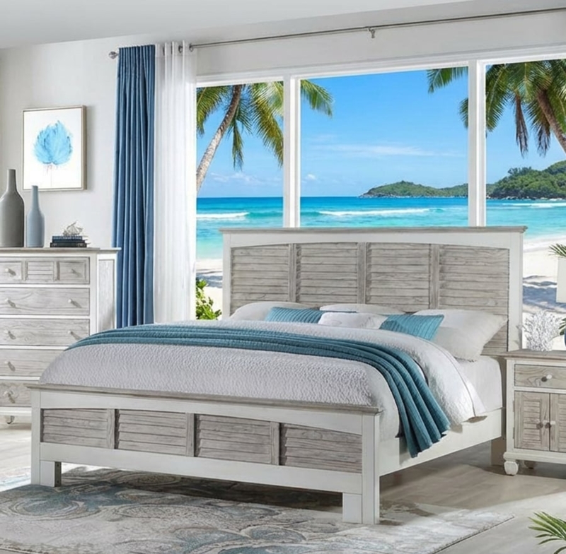 Bed Two-Tone White Weathered Grey Shutter Headboard Nautical