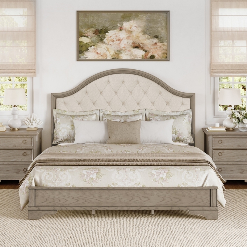 Bed Weathered Grey Arched Tufted Headboard Traditional Style