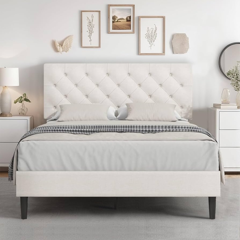Bed, White Upholstered with Diamond Tufted Headboard