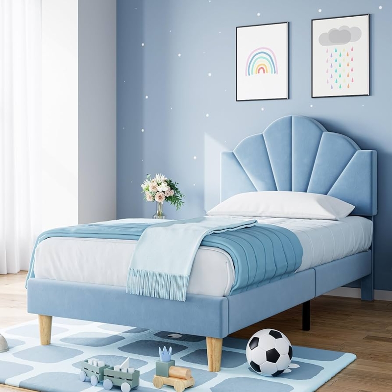 Bed with Blue Velvet Shell Headboard and Scalloped Channel Tufting