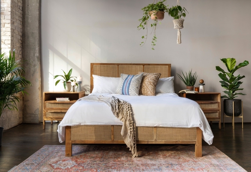 Bed with Cane Panels Boho Rattan Bed Frame Wood Platform Queen
