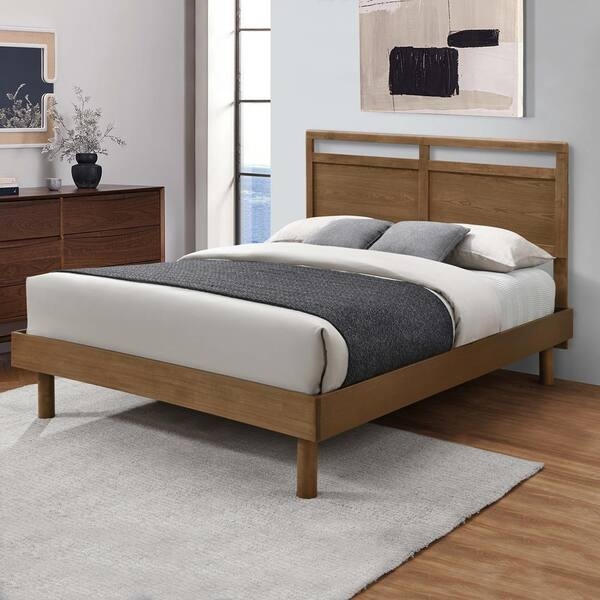 Bed with Double Panel Headboard, Cylindrical Legs & Warm Wood Tone