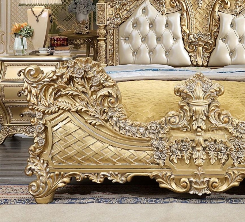 Bed with High Relief Floral Carvings and Antique Gold Finish
