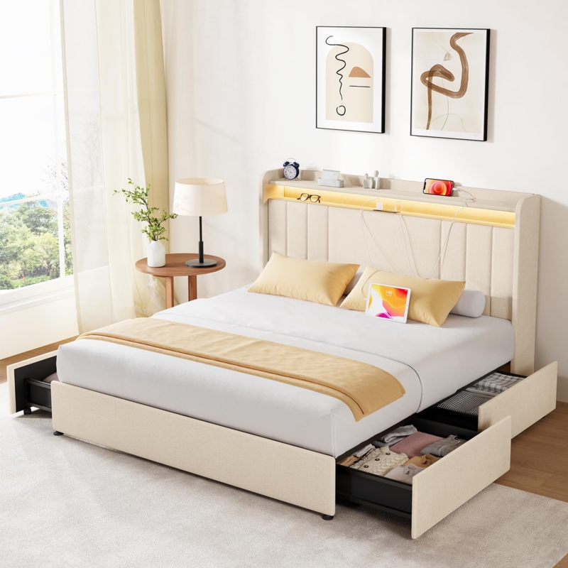 Bed with LED Headboard Shelf, Wingback Storage Frame, Beige Fabric
