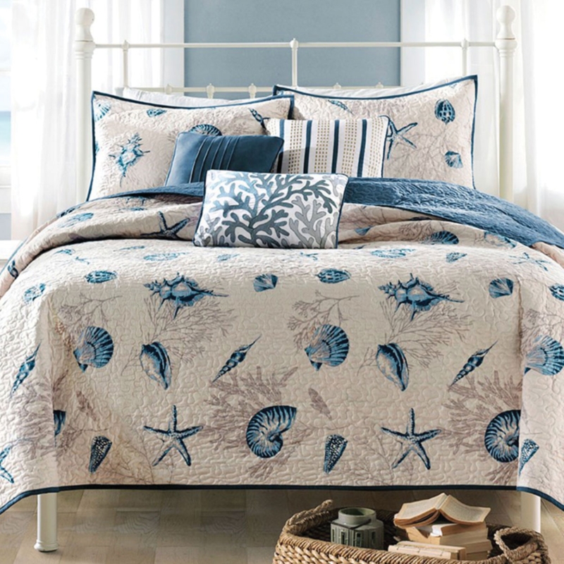 Bedding Set Light Blue Seashell Motif Quilted Nautical Theme