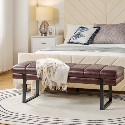 Bedroom Bench Vegan Leather, Channel Tufting, and Black U-Shaped Legs