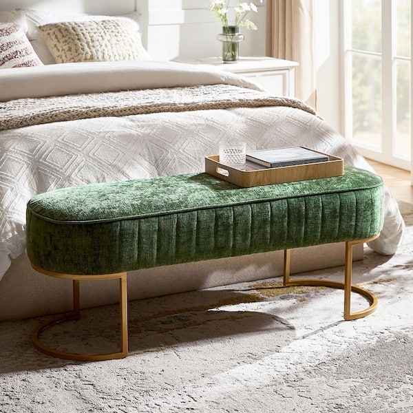 Bedroom Bench with Open Curved Gold Base & Channel Tufting