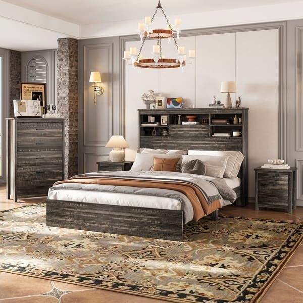 Bedroom Set Antique Grey Washed Storage Headboard Built In USB Ports