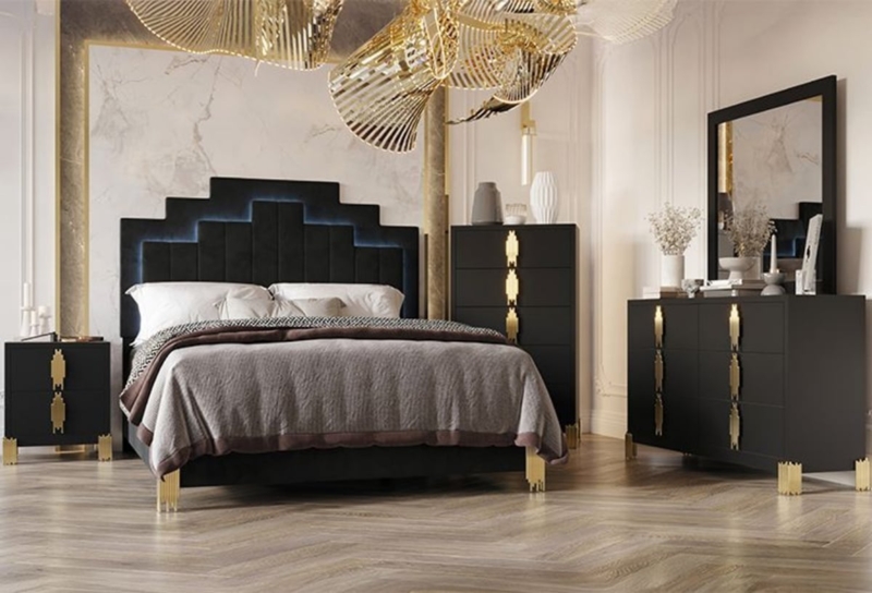 Bedroom Set Backlit Stepped Headboard Geometric Gold Hardware