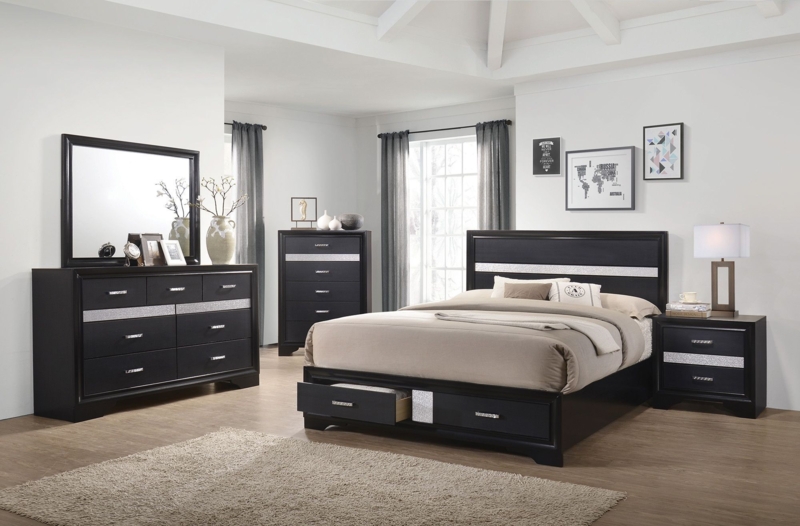 Bedroom Set Black Contemporary Glam Silver Textured Inlay Storage