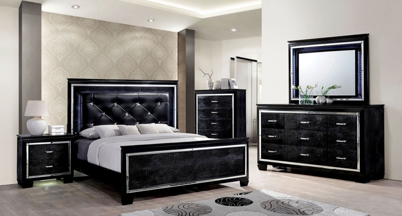 Bedroom Set Black Crocodile Texture Silver Trim LED Lighting Glam