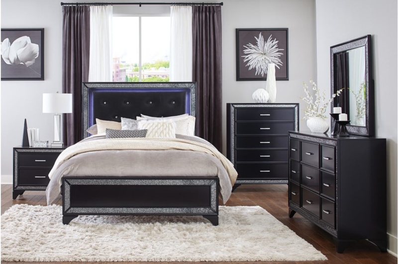 Bedroom Set Black Glam Glossy Finish with Glitter Trim Tufted LED Bed