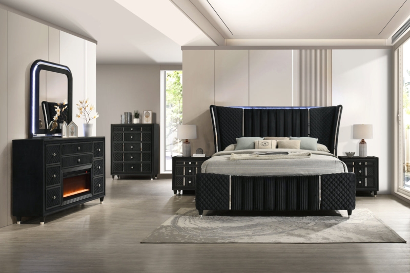 Bedroom Set Black Velvet-Like Fireplace Dresser LED Backlit Glam