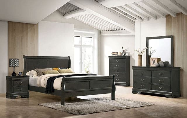 Bedroom Set Charcoal Gray Sleigh Bed Silver Hardware Transitional