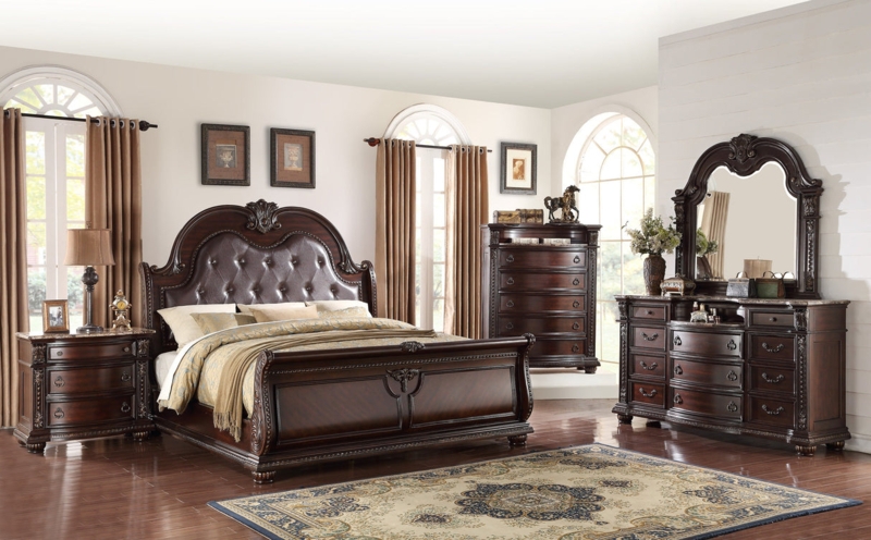 Bedroom Set Cherry Brown Sleigh Silhouette Tufted Panels Traditional